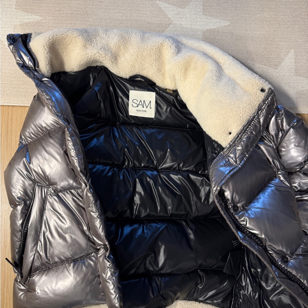 SAM. Metallic Silver Puffer Coat